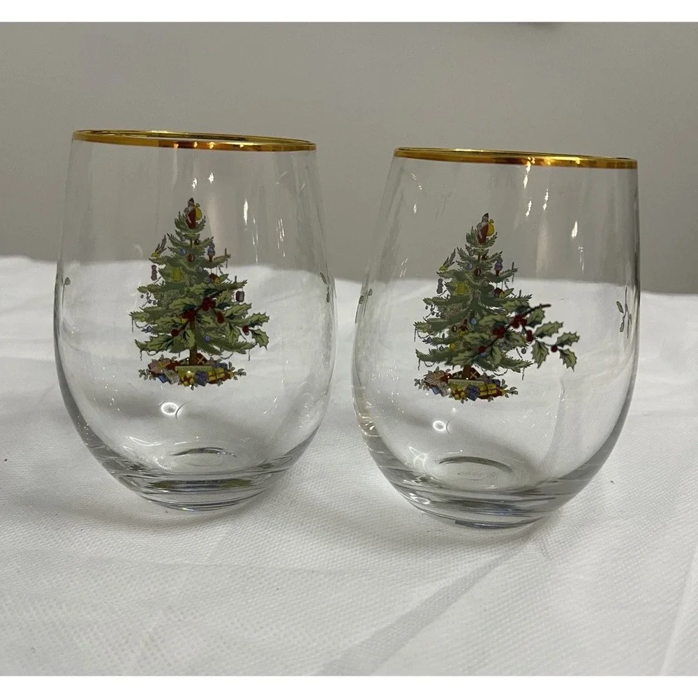 Spode Christmas Tree Stemless Wine Glasses Holiday Tablescape Grandmillennial